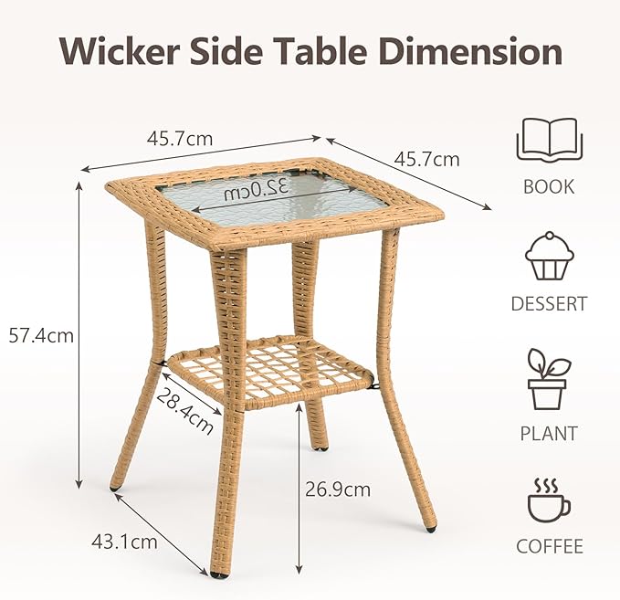 Outdoor Wood Coffee Table, Wicker Side Table, Rattan End Table with Glass Top - Photo 3