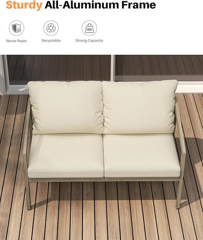Outdoor Patio Loveseat, Never-Rust Aluminum Outdoor Loveseat Couch with Thick Cushions, Modern 2-Seater Patio Sofa Bench, Outdoor Sofa Loveseat Furniture for Poolside, Garden, Gray Oak | Never-Rust, Wood-Grain Texture, Wraparound Design, Removable Cush...