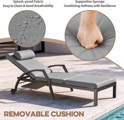 Patio Chaise Lounge Chairs Set of 4 Wicker Pool Lounge Chairs Outdoor with 5 Adjustable Back & Removable Cushion & Tray Tanning Chair Sun Loungers for Patio Poolside Deck Beach