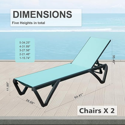 Domi Pool Lounge Chairs Set of 2, Aluminum Chaise Lounge Outdoor, Patio Lounge Chair for Outside 5 Position Adjustable & Wheels, Pool Chairs for Poolside Garden