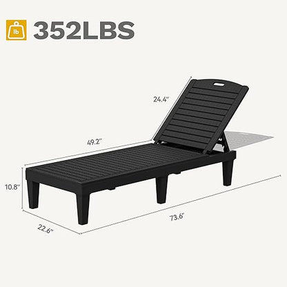 DWVO Outdoor Plastic Chaise Lounger, Poolside Lounge Chair w/5-Position Adjustable Backrest, Waterproof & Easy Setup for Patio, Poolside, Garden (Black, 2 PCS)