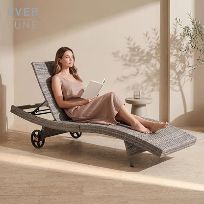 Set of 2 Gray Outdoor Chaise Lounge Chairs, Wicker Patio Lounge Chairs with Adjustable Backrest and Wheels, Durable PE Rattan Pool Chair for Patio, Poolside and Garden