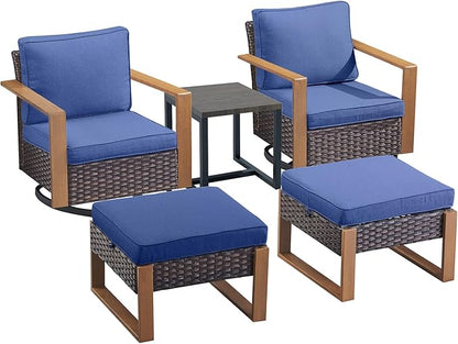 Rilyson Outdoor Wicker Patio Furniture Set - 5 Piece Patio Conversation Set with 2 Wicker Swivel Rocker Chairs,2 Ottoman, 1 Side Table, Thick Cushions, Deep Seating, Wide Armrest(Brown/Blue)
