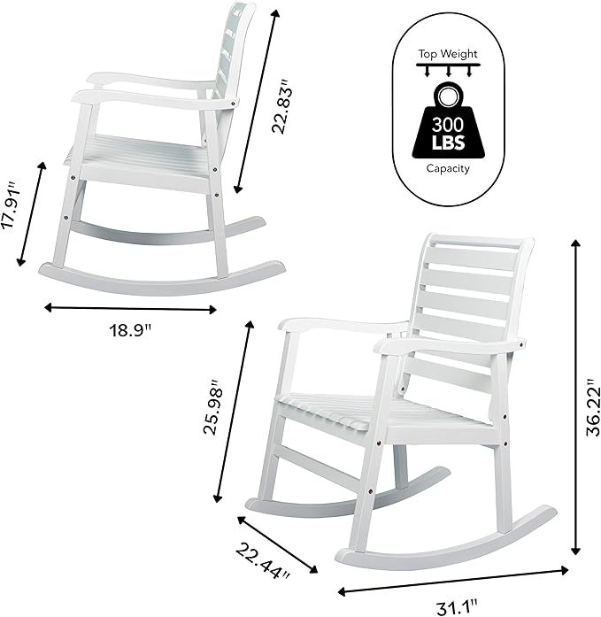 Eyely KCR101C Carrie Modern Slat-Back 300-Lbs Support Acacia Wood Patio Outdoor Rocking Chair for Garden, Lawn, Backyard, Pool, Deck, Beach, Firepit, White