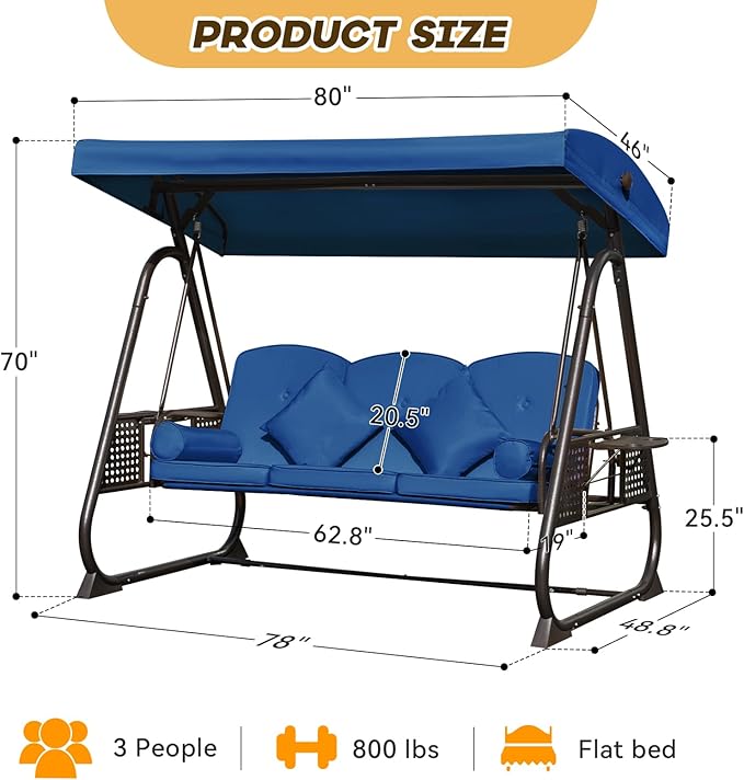 3 in 1 Outdoor Porch Swing with Adjustable Canopy, 3 Seat Outdoor Swing for Adults - Photo 8