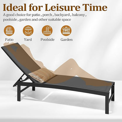 Patio Aluminum Chaise Lounge Chair, Outdoor Recliner Lounge Chair Sun Loungers, All Weather Chaise with 5 Adjustable Backrest and Lay Flat Positions for Garden, Balcony, Pool, Black