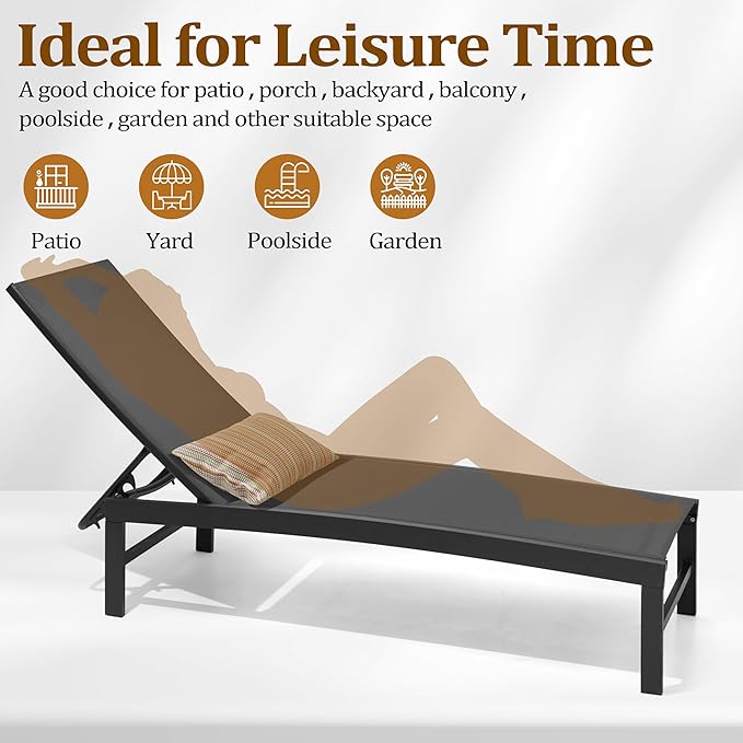 Chaise Lounge Chair, Set of 4 Outdoor Recliner Lounge Chair Sun Loungers, All Weather Chaise with 5 Adjustable Backrest and Lay Flat Positions for Garden, Balcony, Pool, Black