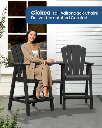 Ciokea Tall Adirondack Chairs Set of 4, HDPE Outdoor Adirondack Bar Stools with Double Connecting Tray, Weather Resistant High Back Adirondack Balcony Chairs for Deck, Lawn, Pool, Backyard, Black