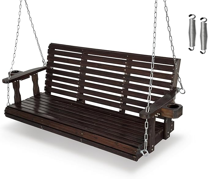 Fortune Candy Wooden Porch Swing 3-Seater, High Backrest and Deep Seat, Bench Swing with Cupholders - Photo 1
