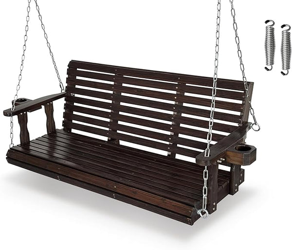 Fortune Candy Wooden Porch Swing 3-Seater, High Backrest and Deep Seat, Bench Swing with Cupholders - Photo 1
