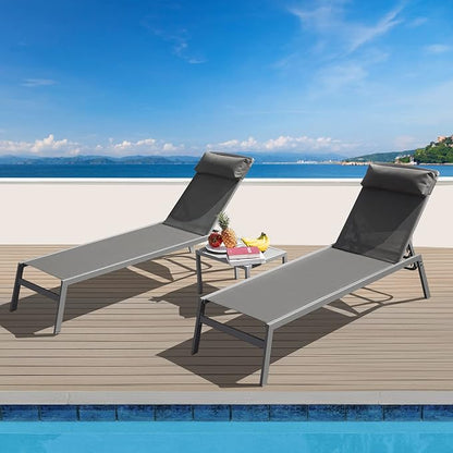 Domi Patio Chaise Lounge Set, Aluminum Pool Lounge Chairs with 5 Adjustable Position, Breathable Textilene Fabric, Sunbathing Pool Chairs with Headrest and Side Table, Grey