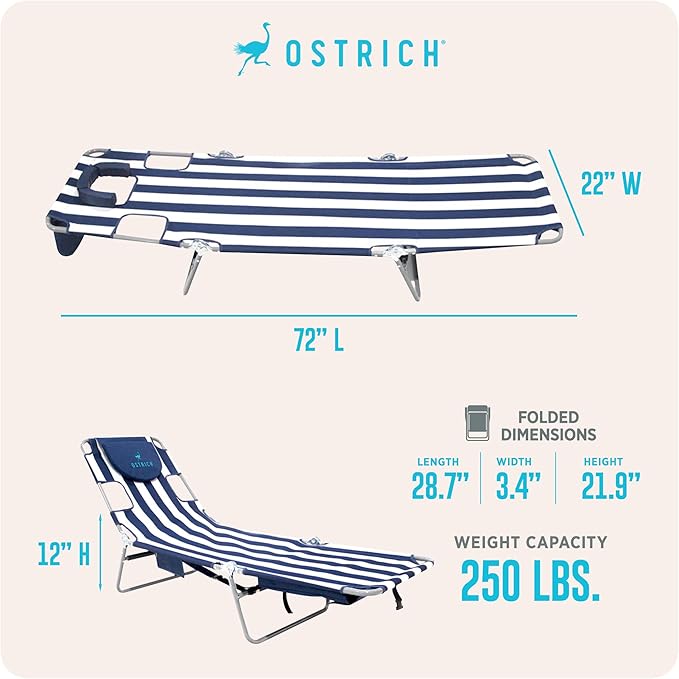 Ostrich the Backpack Chaise Lounge, Folding & Reclining Outdoor Beach Chaise Lounger Chair for Lawn, Pool, Patio, Garden, and Yard, Blue Stripe