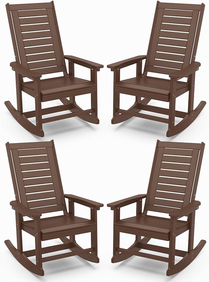 IVY&LANE Outdoor Rocking Chairs Set of 4 | Porch-Rockers | Dark Brown Wood Grain | HDPE Plastic | All-Weather | High Back | Wide Seat | Oversized Patio Rocker for Adult | for Outside Deck Balcony
