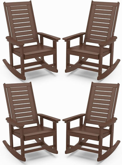 IVY&LANE Outdoor Rocking Chairs Set of 4 | Porch-Rockers | Dark Brown Wood Grain | HDPE Plastic | All-Weather | High Back | Wide Seat | Oversized Patio Rocker for Adult | for Outside Deck Balcony