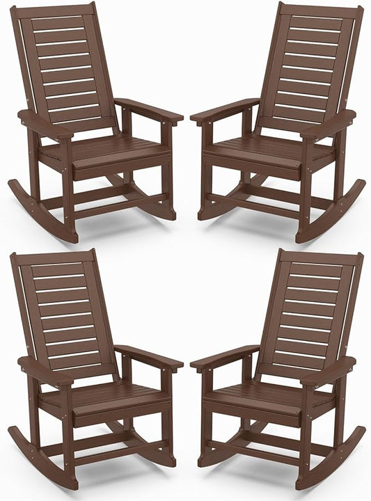 IVY&LANE Outdoor Rocking Chairs Set of 4 | Porch-Rockers | Dark Brown Wood Grain | HDPE Plastic | All-Weather | High Back | Wide Seat | Oversized Patio Rocker for Adult | for Outside Deck Balcony