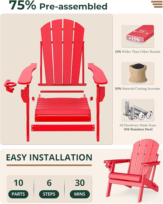 BRIOPAWS Folding-Adirondack-Chairs Set of 6 | HDPE | Fire Pit Chair | Cup Holder | Weather Resistance | Red | for Outdoor Backyard Deck Patio