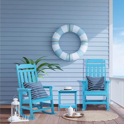 Rocking Chair, All Weather Resistant Poly Lumber Outdoor Porch Rocker, Rocking Chairs for Outdoor, Indoor, Patio, Deck, Garden, Backyard, Load Bearing 380 lbs - Lake Blue