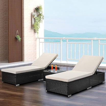 SLEERWAY Outdoor Rattan Chaise Lounge Set with Side Table, Patio Furniture Set Reclining Chair with Cushions and Adjustable Backrest, PE Wicker Chairs for Pool, Garden and Seaside (Set of 3)