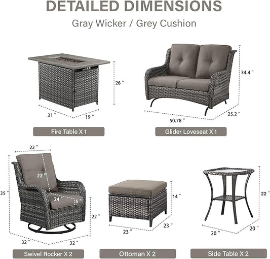 Belord Patio Furniture Set with Fire Pit Table,8 Piece Wicker Outdoor Furniture Set, Swivel Rocker Chairs with Ottomans and Loveseat, All Weather Patio Conversation Set, for Pool,Yard Gray Wicker/Gray
