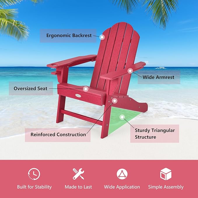 Tangkula Adirondack Chair Outdoor, Fade Resistant HDPE Armchairs with Cup Holder, Weather Resistant Lounger Chairs for Patio Garden Backyard Deck, Lawn Porch Seating, Adirondack Lounger (1, Red)