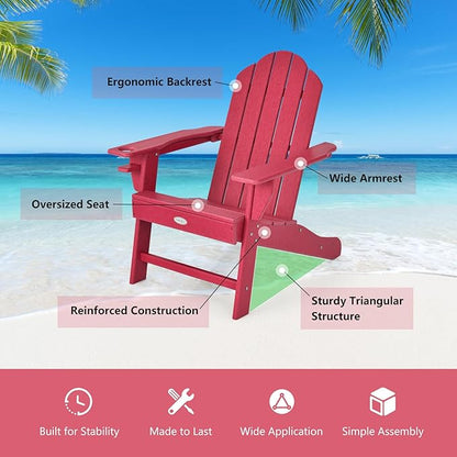 Tangkula Adirondack Chair Outdoor, Fade Resistant HDPE Armchairs with Cup Holder, Weather Resistant Lounger Chairs for Patio Garden Backyard Deck, Lawn Porch Seating, Adirondack Lounger (2, Red)