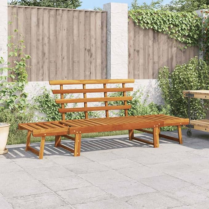 Brown Solid Acacia Wood Large Garden Bench 2-in-1 Convertible Daybed for Patio Balcony Outdoor Seating with Adjustable Armrests Durable Weather-Resistant Comfortable Lounge