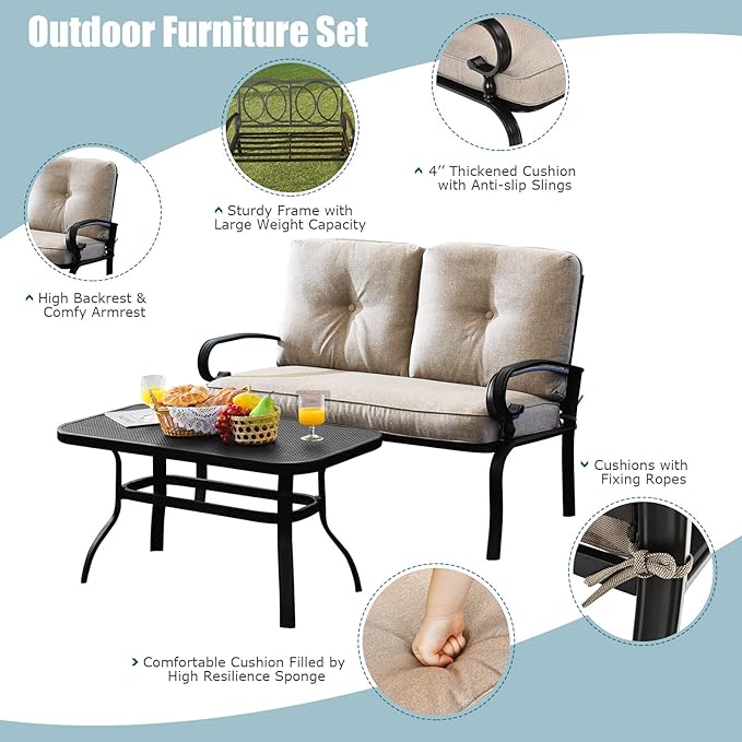 RELAX4LIFE Patio Loveseat with Coffee Table - 2-Piece Patio Conversation Sofa Set w/Backrest & Cushions, Modern Outdoor Glider Bench for Garden, Backyard, Poolside, Metal Porch Furniture (Beige)