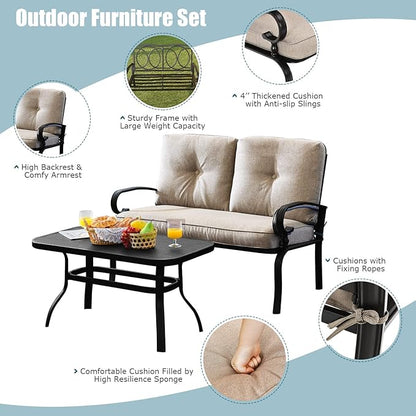 RELAX4LIFE Patio Loveseat with Coffee Table - 2-Piece Patio Conversation Sofa Set w/Backrest & Cushions, Modern Outdoor Glider Bench for Garden, Backyard, Poolside, Metal Porch Furniture (Beige)