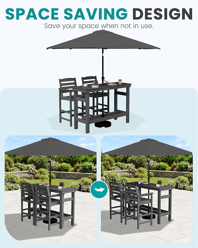 SERWALL Outdoor Bar Set with 9ft Umbrella, All-Weather HDPE Patio Bar Chairs and Table, Outdoor Furniture Set, Grey (Umbreall Base not Included)