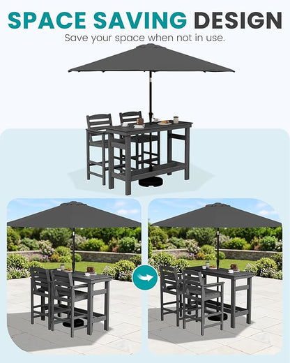 SERWALL Outdoor Bar Set with 9ft Umbrella, All-Weather HDPE Patio Bar Chairs and Table, Outdoor Furniture Set, Grey (Umbreall Base not Included)