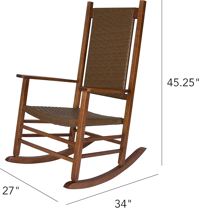Shine Company Hampton Porch Rocker, High Back Wood Rocking Chair, Rattan Backrest & Seat, Oak