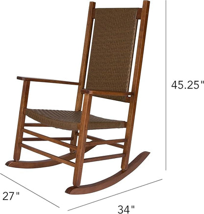 Shine Company Hampton Porch Rocker, High Back Wood Rocking Chair, Rattan Backrest & Seat, Oak
