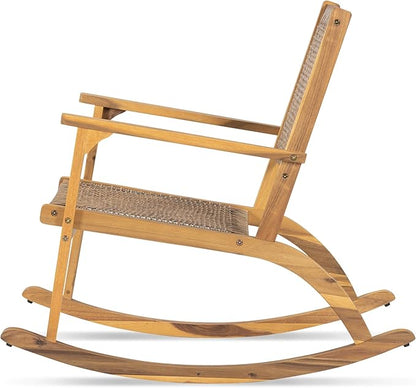 2 Piece Patio Rocking Chair Set, Acacia Wood Outdoor Rockers with PE Rattan Seat and Backrest, Comfortable Garden Porch Chairs for Backyard, Balcony and Poolside, Natural