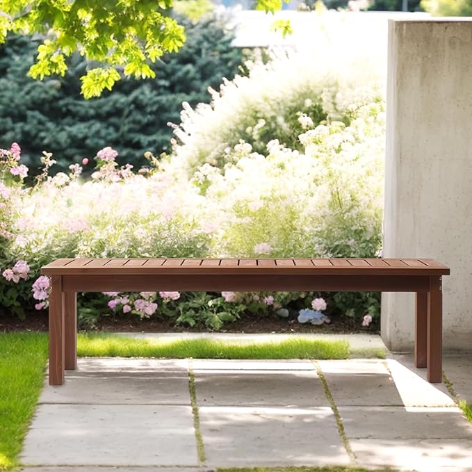 VINGLI Outdoor Wooden Bench, 45” 2-Person Backless Dining Bench, Weatherproof Outdoor Patio Bench for Porch Entryway Garden (2, Brown)