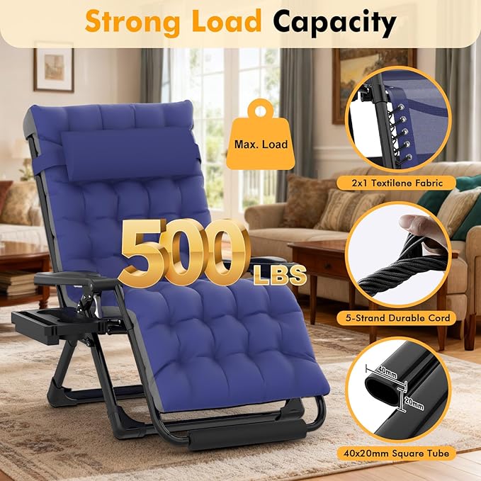 Slendor Zero Gravity Chair Oversized, 33In XXL Reclining Lounge Chair with Removable Cushion, Cup Tray, Footrest, Folding Reclining Camping Patio Recliner Chair w/Upgraded Lock,Blue