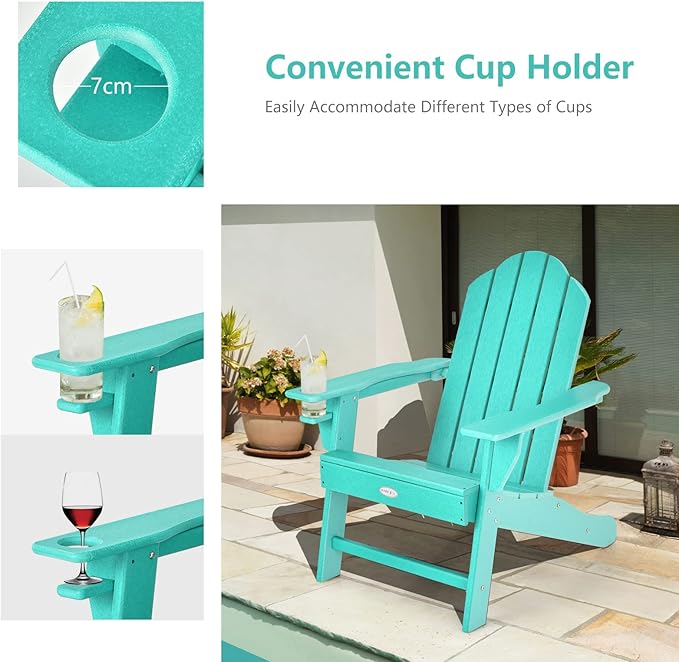 Tangkula Adirondack Chair Outdoor, Fade Resistant HDPE Armchairs with Cup Holder, Weather Resistant Lounger Chairs for Patio Garden Backyard Deck, Lawn Porch Seating, Adirondack Lounger (4, Turquoise)
