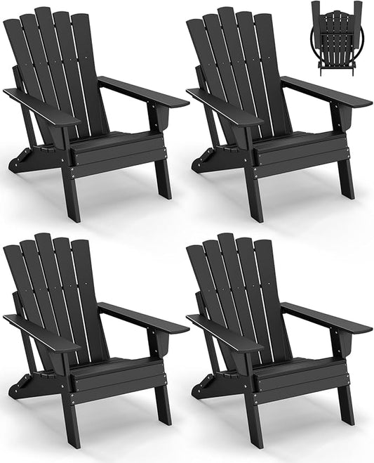 GREENVINES Folding-Adirondack-Chairs-Set-of-4 | HDPE Plastic | Throne Series | Fire Pit Chair | All Weather | for Outdoor Patio Deck Backyard Poolside | Black
