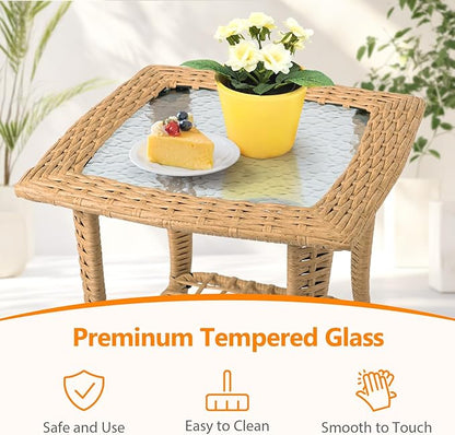 VINGLI Outdoor Side Table with Storage Wicker Patio Side Table, Tempered Glass Top End Table for Balcony Porch Deck (Beige)