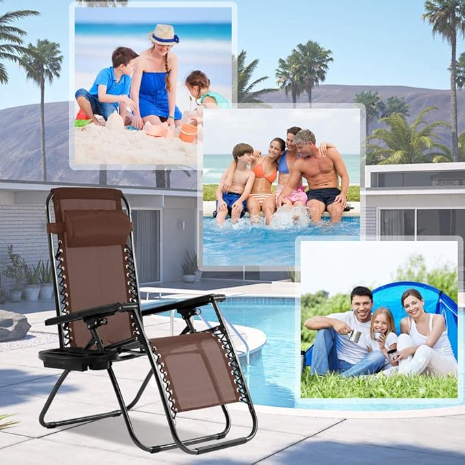 Dkeli Zero Gravity Chair Patio Chair Lounge Chair Chaise 2 Pack Outdoor Folding Adjustable Recliner Chair with Cup Holder Tray and Pillows for Patio, Pool, Beach, Lawn, Deck, Yard - Brown