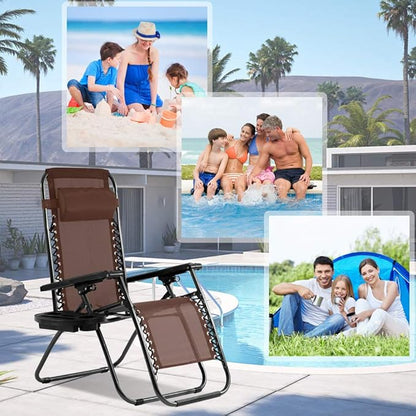 Dkeli Zero Gravity Chair Patio Chair Lounge Chair Chaise 2 Pack Outdoor Folding Adjustable Recliner Chair with Cup Holder Tray and Pillows for Patio, Pool, Beach, Lawn, Deck, Yard - Brown