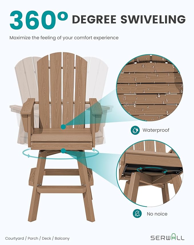 SERWALL 3-Piece Swivel Adirondack Bar Set, HDPE Swivel Bar Height Chairs Set of 2 with Bar Table - Photo 3