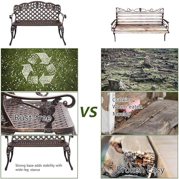 Ochine Patio Garden Bench Outdoor Furniture Metal Rose Loveseat Benches Cast Aluminum Front Porch Chair Seat Rose Carving Antique Bronze for Patio, Park, Lawn, Deck (Ship from USA)