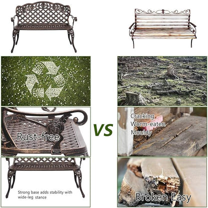 Ochine Patio Garden Bench Outdoor Furniture Metal Rose Loveseat Benches Cast Aluminum Front Porch Chair Seat Rose Carving Antique Bronze for Patio, Park, Lawn, Deck (Ship from USA)