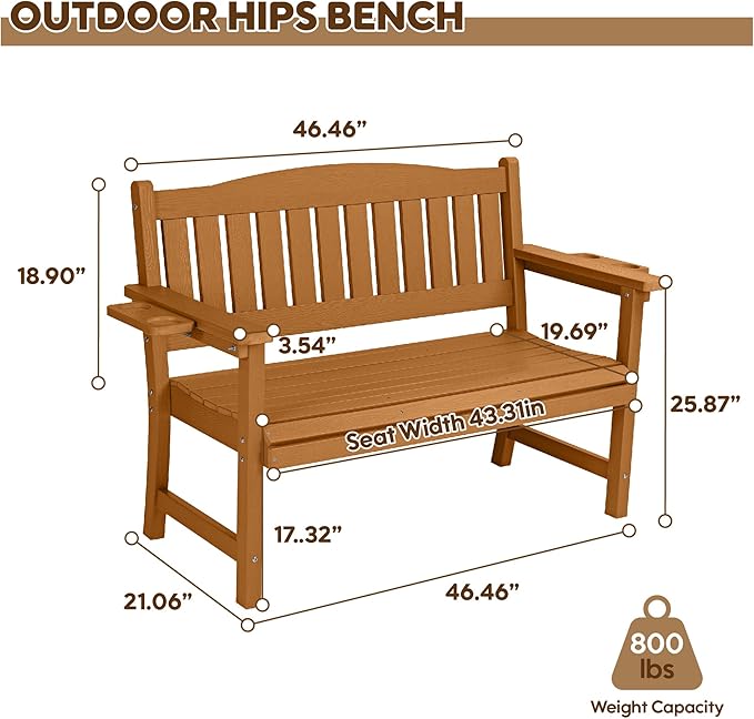 2-Person HIPS Outdoor Bench, Weatherproof Garden Bench with 800 lbs Weight Capacity, Artificial Wood Grains, Never Rot or Fade, Patio Benches for Garden, Porch, Balcony, Backyard, Brown