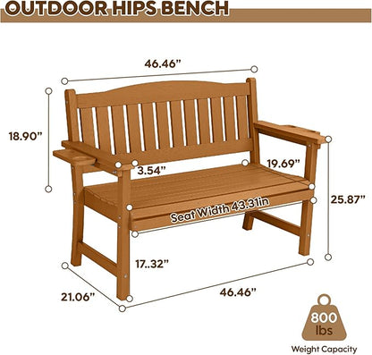 2-Person HIPS Outdoor Bench, Weatherproof Garden Bench with 800 lbs Weight Capacity, Artificial Wood Grains, Never Rot or Fade, Patio Benches for Garden, Porch, Balcony, Backyard, Brown