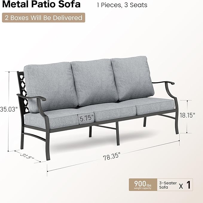 Metal Patio Sofa with 5.75" Extra Thick Waterproof Cushion, 3-Seater High-Back Outdoor Couch All Weather Outdoor Seating for Backyard Deck Front Porch, Gray