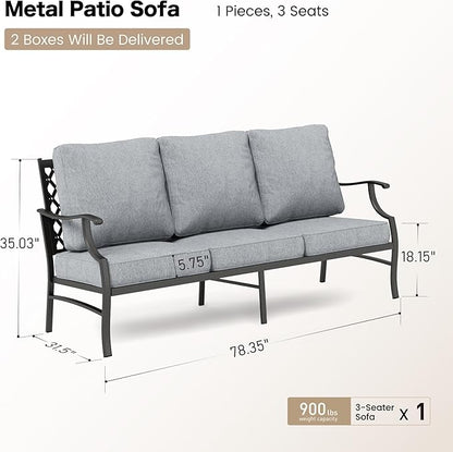 Metal Patio Sofa with 5.75" Extra Thick Waterproof Cushion, 3-Seater High-Back Outdoor Couch All Weather Outdoor Seating for Backyard Deck Front Porch, Gray