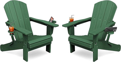 KINGYES Folding Adirondack Chair Set of 2, Dual Cup Holders & All-Weather HDPE, Wood-Like Patio Chair for Backyard, Camping, Pool & Fire Pit, Dark Green