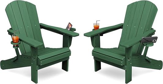 KINGYES Folding Adirondack Chair Set of 2, Dual Cup Holders & All-Weather HDPE, Wood-Like Patio Chair for Backyard, Camping, Pool & Fire Pit, Dark Green