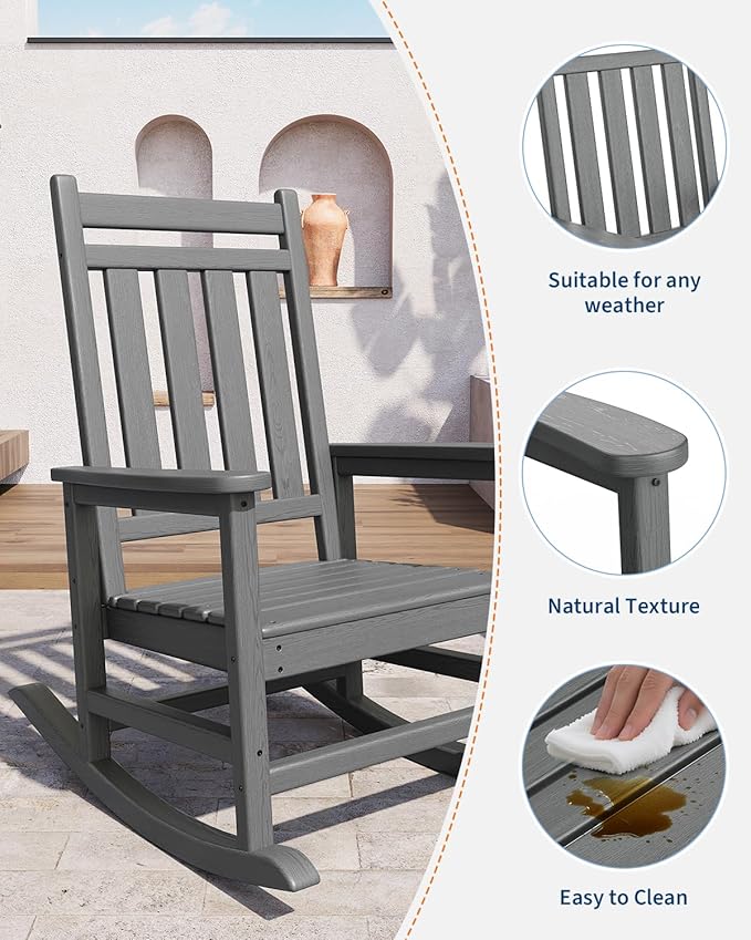 GarveeHome Adirondack Outdoor Rocking Chair, All Weather HDPE Plastic Patio Rocker Chair with Wide Armrests, Classic Fire Pit Chair for Porch, Deck, Lawn, Garde, 380LBs, Easy to Install, Grey